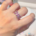 wholesale 925 Silver Zhuo Zhifan Jewelry Three-dimensional Bow Diamond Ring Red Corundum Ring, Atmospheric Light Luxury Fashionable and Trendy-0-1