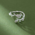 wholesale S925 Sterling Silver Thai Silver Rose Flower Leaf Branch Ring, Antique Style, Unique and Sweet Women's Index Finger Ring R01767-0-4