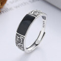 wholesale S925 Sterling Silver Retro Weathered Pattern Epoxy Resin Unisex Punk Style Adjustable Ring-0-0