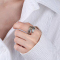 wholesale S925 Sterling Silver Retro Vintage Classic Feather Three-Dimensional Design Leaf Symbol Open Adjustable Ring-0-3