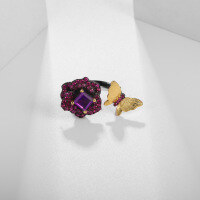 wholesale S925 Silver Natural Amethyst Ring with Butterfly Floral Design, Open Adjustable-Natural Amethyst Ring Adjustable opening