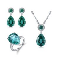 wholesale S925 Sterling Silver Custom Synthetic Green Crystal Ring Necklace Earrings Three-Piece Set with Gemstone Inlay Jewelry Collection-Green Quartz Ring (Please specify US size 5-10)  925 Silver