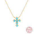 wholesale S925 Sterling Silver Geometric Turquoise Cross Teardrop Collarbone Necklace, Fashionable and Minimalist-0-4