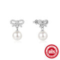 wholesale 925 Sterling Silver Hot-Sale Personalized Diamond Bow Pearl Stud Earrings, Korean Style-0-6