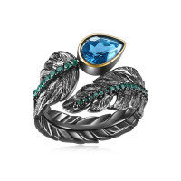 wholesale S925 silver designer-style high-end personalized open ring with natural wind design, featuring natural citrine and moonstone-London Blue Topaz Ring>Adjustable Opening