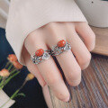 wholesale S925 Sterling Silver Multi-layer Line Nanhong Agate Inlaid Dragonfly Lotus Ring, Artistic Vintage Ethnic Style-0-3