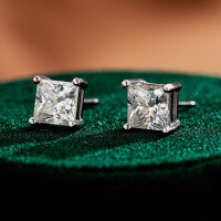 Sterling Silver Four-Prong Square Moissanite Stud Earrings for Women-1.2 carats (set with D-color moissanite)  925 silver
