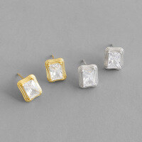 wholesale S925 Sterling Silver Korean Version INS Minimalist Geometric Square Zircon Earrings for Women, Small and Exquisite Silver Earrings-18K gold [with sterling silver ear plugs]  925 silver