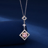 wholesale Metal Square Pink Zircon Pendant Necklace for Women, Elegant and Unique High-End Style Versatile Sparkling Collarbone Chain-XB058-Platinum powder
