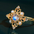 wholesale 18K Gold Korean Style Fashion Elegant Vintage Hollow-out Pearl Ring with Natural Moonstone, 14K, 9K, Drop Shipping-0-1