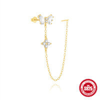 wholesale S925 Sterling Silver Butterfly Diamond Accent Tassel Chain Drop Earrings, Korean Style Unique Creative Design-Single gold 925 silver