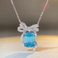 wholesale S925 Sterling Silver Bow Necklace for Women with Aquamarine and High-Carbon Diamond Pendant Collarbone Chain-0-3