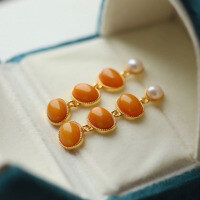wholesale S925 sterling silver vintage high-end natural aged beeswax pearl earrings, honey amber chicken-fat yellow earrings, amber earrings, fashion-Natural wax pearl earrings