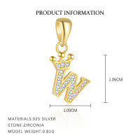 wholesale S925 Sterling Silver, Fashionable And Luxurious Crown Design With Zircon, Diy 26 English Letter Pendant Necklace, Versatile For European And American Styles-Letter W-Single Pendant/Gold 925 Silver