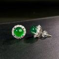 wholesale S925 Silver Ear Studs Women Cabochon Jadeite Pigeon Egg High Ice Imperial Green Earrings New Chinese Style Round Bezel Full Diamond-0-3