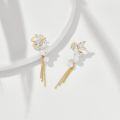 wholesale S925 gold-plated metal, new Korean-style elegant pearl ear clip long tassel ear drop fairy earrings-0-0