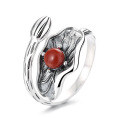 wholesale S925 Sterling Silver Retro Antique Chinese Style Lotus Flower and Leaf Nanhong Inlaid Adjustable Open Ring with Design Appeal-0-5
