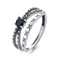 wholesale S925 Sterling Silver Trendy Street Style Double-Layer Cross Pattern Hollow Black Zircon Inlaid Index Finger Open Ring-0-4