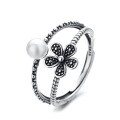 wholesale S925 Sterling Silver Vintage Retro Pearl Double-Layer Hollow-Out Floral Adjustable Ring for Elegant Ladies-0-4
