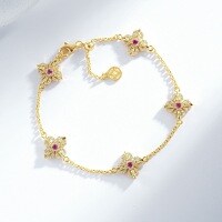 24K Gold-Plated Vajra Five-Flower Bracelet with Full Diamond Inlay-White Diamond with Red Stripes - SL102-T