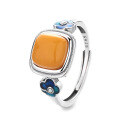 wholesale S925 Sterling Silver Vintage Style Oxidized Square Wax Amber Blood Resin Drop Glue Flower Antique Design Adjustable Ring for Women-0-5
