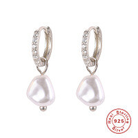 wholesale S925 Sterling Silver Baroque Pearl Diamond Ear Clip, Retro European Style, Minimalist INS Fashion Earrings-Platinum