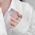 wholesale S925 Sterling Silver Korean Japanese Fashion Trendy Textured Crushed Inlaid Green Zircon Open Adjustable Ring-0-2