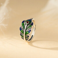 wholesale S925 Sterling Silver Personalized Trendy Literary Retro Niche Design Peacock Feather Ring R02770-S925 silver ring Adjustable opening