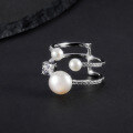 wholesale S925 Sterling Silver Natural Freshwater Pearl Adjustable Opening Ring for Women, Fashionable and Elegant Gemstone Ring-0-2