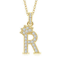 Gold-Plated Copper Crown Zircon Quartz Letter Pendant Necklace-Letter necklace R
