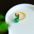 wholesale 925 Sterling Silver Gold-Plated Green Chrysoprase Ring with Cold Enamel Floral Palace-Style Openable Adjustable Women's Ring-0-3