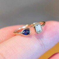 wholesale S925 Sterling Silver Two-Tone Ring with Natural White and Blue Sapphire Waterdrop, Minimalist and Elegant for Women-BZ0169-Gold Adjustable opening