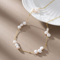 wholesale S925 Sterling Silver, 14K Gold Plated, French Vintage Style Natural Baroque Pearl Necklace-14K gold, length 40+5CM 925 silver