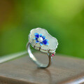 wholesale 925 Silver with Certificate Antique Gold Inlaid Hetian Jade Adjustable Open Ring Cold Enamel Lotus Gemstone Women's Ring-0-1