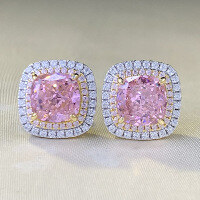 wholesale S925 silver new 8*8mm padparadscha high-carbon diamond square stud earrings for women, fashionable and versatile-E464 Padparadscha>925 Silver