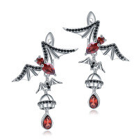 wholesale S925 Sterling Silver Dark Series Designer Gemstone Earrings with Bat Design, Inlaid with Natural Garnet-Natural garnet earrings
