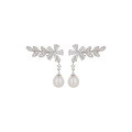 wholesale 925 Sterling Silver Freshwater Pearl Earrings for Women, Luxury Advanced Minimalist Design Zircon Flower Petal Stud Earrings-0-4