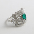 wholesale S925 Sterling Silver Lab-Grown Emerald Intricate Floral French Vintage Courtly Style Ring-0-3