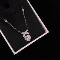 wholesale S925 Sterling Silver Bow Necklace with Heart Pendant Collarbone Chain Light Luxury Jewelry Gift for Valentine's Day-xb285-white gold pink diamond