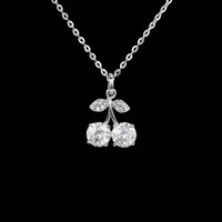 925 Sterling Silver Blue Moissanite Cherry Pendant Necklace-S925 sterling silver + 2 x 50-point white moissanite beads  925 silver
