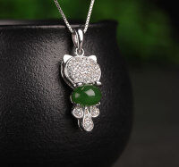 wholesale Rose gold-plated 925 silver with certificate, Hetian jade pendant, jade green cat, minimalist fashion style, women's necklace-Silver pendant + silver chain 925 silver