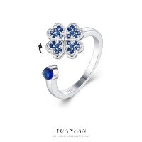 wholesale S925 Sterling Silver Four-Leaf Clover Open Adjustable Ring with Rotating Colorful Zircon for Women-K2299_Platinum-plated_113# Spinel_&gt;Open Port Code 13#