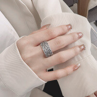wholesale S925 Sterling Silver National Tide Ethnic Matte Craft Auspicious Cloud Ruyi Pattern Inner Ring Six-Character Mantra Ring-998JM/approx. 7.4g Adjustable opening