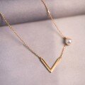 wholesale Metal Pearl Letter V Necklace for Women, Light Luxury, Niche, High-End English Collarbone Chain, Korean Style Elegant Accessory, Douyin Live-0-1