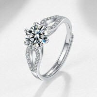 Sterling Silver D Color Moissanite Six-Prong 1 Carat Adjustable Proposal Ring-[Super Sparkling Zircon] 1 Carat Ring  Adjustable Opening