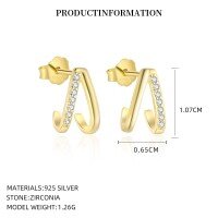 wholesale S925 Sterling Silver Irregular C-Shaped Earrings with Zirconia and Curved Lines, Women's Light Luxury Design-E5648_White zirconium_18K yellow plated_with small flower ear cap 925 silver