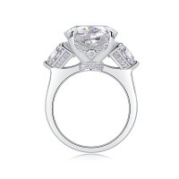 925 Silver Custom Elliptic Moissanite Pigeon Egg Ring-Moissanite 12*16mm + 36 beads  US size 9/Hong Kong size 19