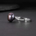 wholesale S925 Sterling Silver Natural Black Freshwater Pearl Ring, Fashionably Luxurious and High-End Set with 9mm Bread-Shaped Pearl-0-3