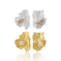 wholesale 925 Sterling Silver Geometric Asymmetric Diamond Inlaid Earrings for Women, Irregular Small Tree Bark Design Silver Ear Accessories-Burnt silver + champagne stone [swimming] [with sterling silver ear plugs] &gt; 925 silver