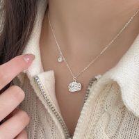 wholesale S925 Sterling Silver Square Textured Pendant Necklace for Women, Korean Spring and Summer New Arrival, Minimalist and Versatile Collarbone Chain-Pure silver (40+5CM)